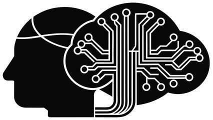 The black human head silhouette icon with a brain vector illustration is a design symbol of art and knowledge