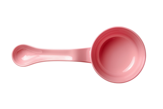 Top view of a pink plastic measuring cup used for cooking and baking studio shot on transparent background