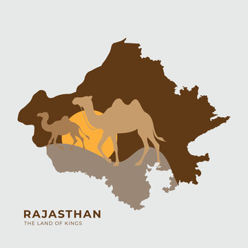 Minimal vector illustration of Rajasthan map with camels and desert sunset.