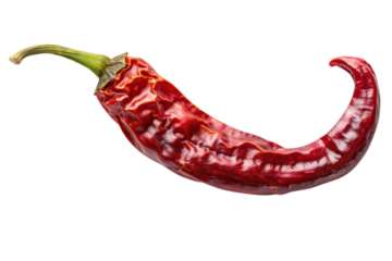 Dried red chili pepper with wrinkled skin close up view on transparent background
