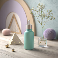 Elegant teal serum bottle with delicate floral arrangement and geometric shapes presenting beauty products illustration