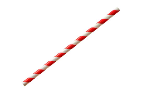 Red and white striped paper straw for festive drinks and celebrations on transparent background