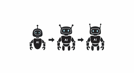 Evolution of AI robot from simple to advanced design, showcasing technological progress.