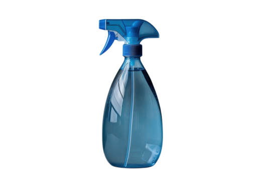 Blue spray bottle filled with liquid for cleaning or gardening on a black studio background shot on transparent background - Powered by Adobe