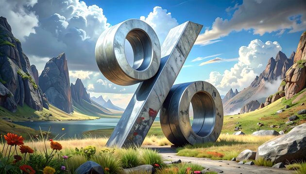 Large metal percent sign in a serene, rocky mountain meadow, with vibrant flowers and cloudy sky