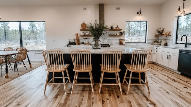 Modern open plan kitchen with island, bar stools, and scenic outdoor views.