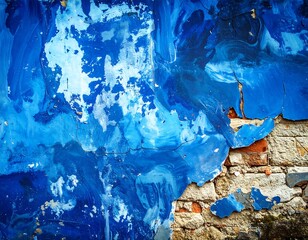 Close-up of aged wall with layers of vibrant blue paint peeling away, revealing brick and textured surface