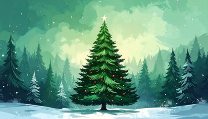 Fototapeta premium Lush, green Christmas tree, crowned with a star, stands in a serene, snowy forest bathed in soft, ethereal light