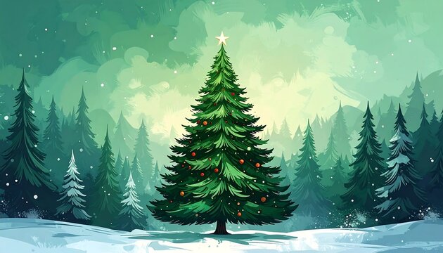 Lush, green Christmas tree, crowned with a star, stands in a serene, snowy forest bathed in soft, ethereal light - Powered by Adobe