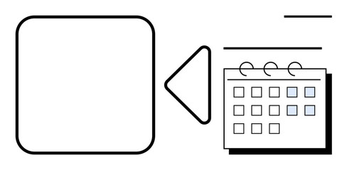 Calendar with marked dates paired with a play button suggests video scheduling. Ideal for planning, organization, time management, virtual meetings, webinars, reminders, collaboration. Simple flat