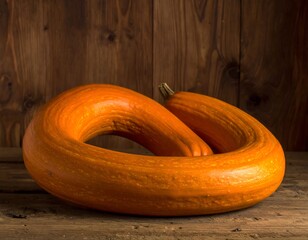 Unique U-Shaped Pumpkin on Rustic Wooden Surface.