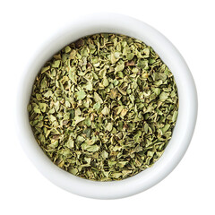 Dried chopped basil in white ceramic bowl Isolated transparent on white background