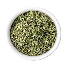 Dried chopped basil in white ceramic bowl Isolated transparent on white background