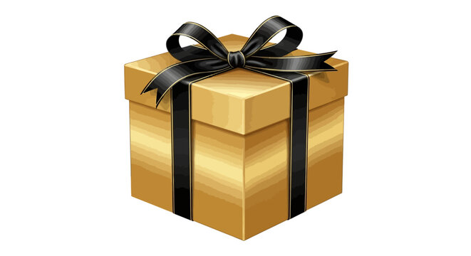 Luxurious golden gift box tied with a sleek black satin ribbon and bow, representing celebration, special occasions, and elegant surprises