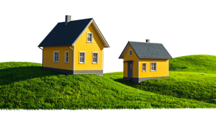  Charming Yellow Cottage Set on Green Grass, isolated on transparent background