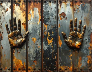 Close-up of aged, weathered metal door with bronze hands affixed, suggesting a portal or opening