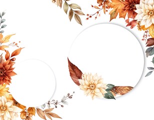 Autumn Floral Frame Invitation Design with Watercolor Leaves and Flowers.