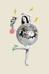 3d image zine poster trend art collage image of happy glamour girl dance disco ball hold music horn blues occasion melody chill