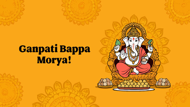 Illustration lord ganesha with text ganpati bappa morya on yellow background