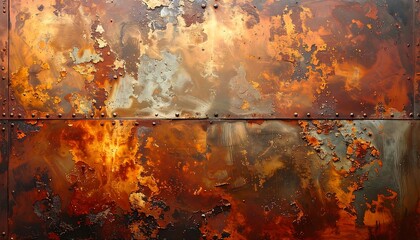 Close-up of aged, weathered metal panels displaying layers of rust, revealing metallic surface. Horizontal seams with rivets