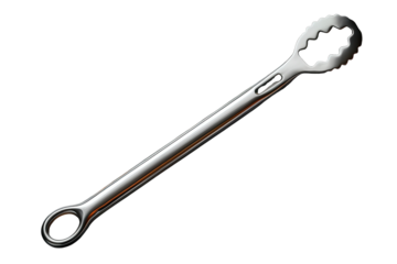 Stainless steel kitchen tongs for cooking and serving food on transparent background