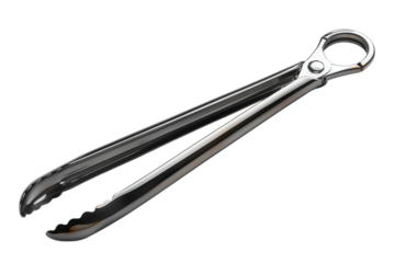 Stainless steel kitchen tongs for cooking and serving food on transparent background