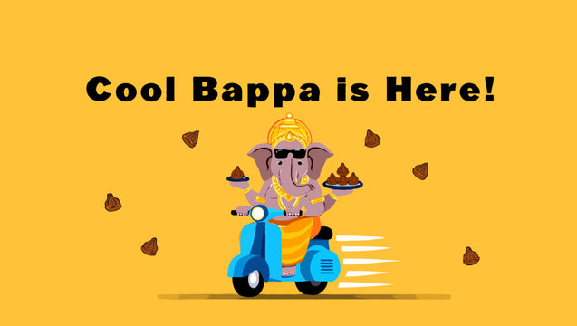 Cool bappa is here illustration with ganesha riding a scooter with sweets