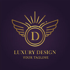 Elegant golden winged emblem with letter d, luxury design and tagline on dark purple background