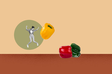 Pop zine 3d image collage of happy girl guy stand red yellow green pepper bulgarian paprika plate...