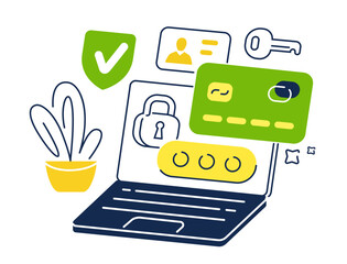 Credit card and banking app on laptop screen. Secure online payments, data protection, digital wallet