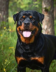 Portrait of a Rottweiler dog in a forest setting.