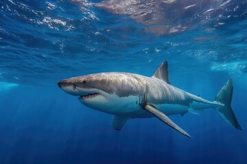 Naklejka premium Majestic great white shark gliding through crystal-clear ocean waves, showcasing striking contrast between light belly and dark dorsal side in vibrant marine landscape