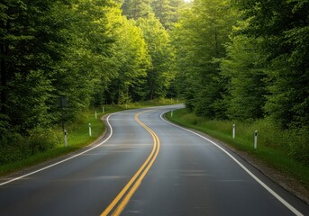 Fototapeta premium Dangerous, tightly curved asphalt highway winding through dense green forestland under bright summer sunlight, direction, outdoor, infrastructure