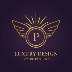 Golden winged emblem with letter p and sun rays on a dark purple background, luxury design and tagline