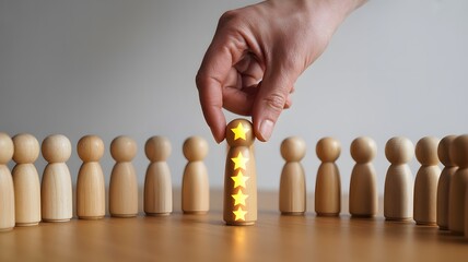 Customer feedback concept with glowing stars on a wooden figure