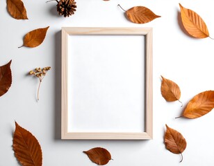 Autumn frame mockup with leaves and pine cone on white background.