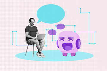 3d banner image pop photo collage of happy man sit chair type laptop bubble correspondence...