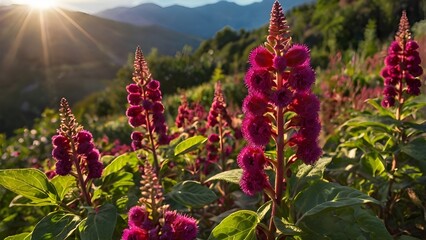 Bright amaranth flowers with cascading clusters of deep red and magenta blooms down the sun from mountain
