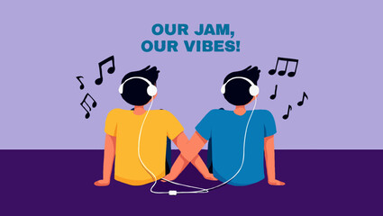 Fototapeta premium Two friends listening to music together with headphones and enjoying vibes