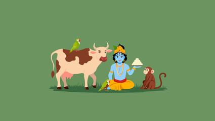 Fototapeta premium Illustration lord krishna with cow, monkey and parrot, a hindu deity