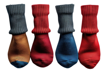 Colorful wool socks in red blue and brown provide warmth and comfort during the cold winter months on transparent background