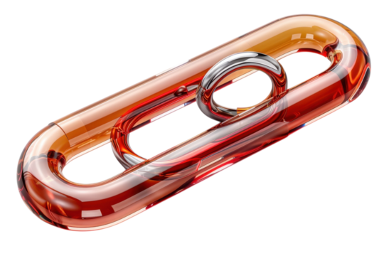 Abstract glass chain link in amber and red tones with a silver ring connector element on transparent background