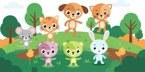 Obraz premium Adorable cartoon animals having fun in sunny woodland meadow, perfect for children's books, educational materials, and playful designs