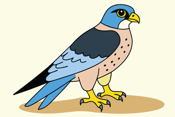 Illustration of a falcon standing on the ground with a light background and black outline