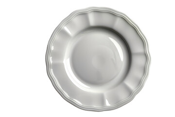 Elegant white ceramic plate with a scalloped edge sits on a stark in a studio setting on transparent background