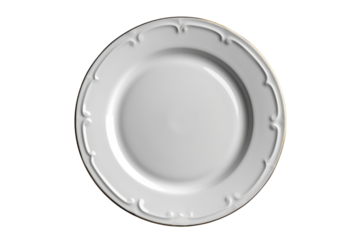 Elegant white porcelain plate with decorative rim for fine dining concepts on transparent background