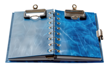 Open blue binder with metal clips and rings displays blank pages for notes or creative projects on transparent background