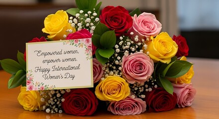Colorful rose bouquet with greeting card for international womens day