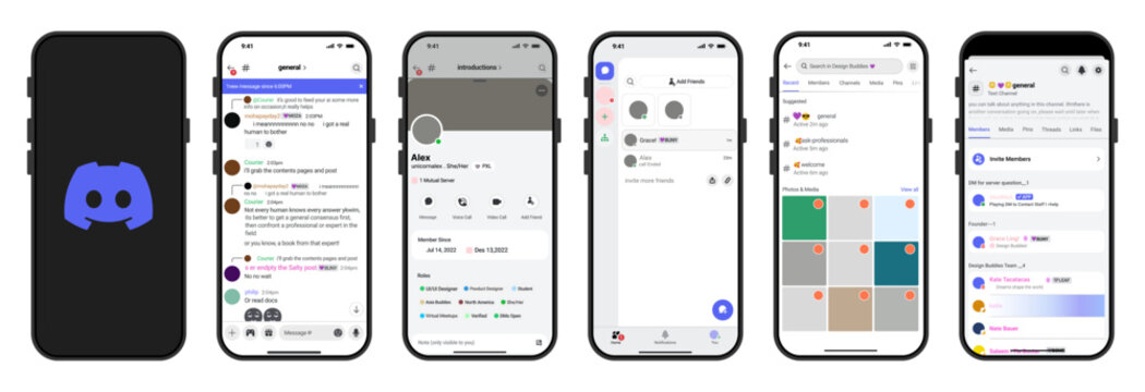 Discord App Mockup &ndash; Mobile UI Design Showing Chat Interface, User Profile, Friends List, and Server Channels Layout