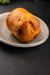 Panettone small sweet pastries Christmas traditional dessert Easter cake tasty snack fresh delicious gourmet food background on the table rustic top view copy space